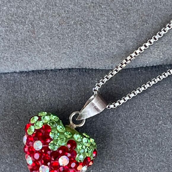 90s Sterling Silver Rhinestone Strawberry Necklace in Sterling Silver Fruit - Picture 5 of 10